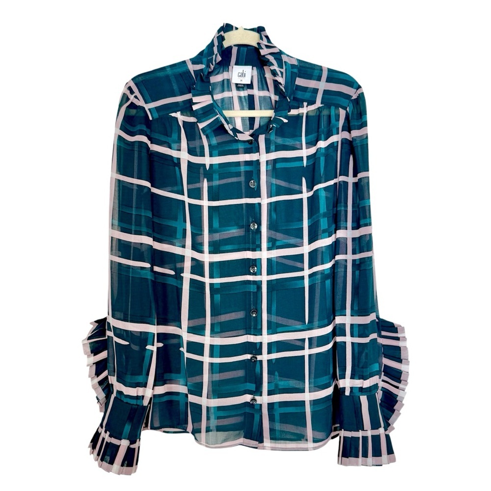CAbi Green & Pink Plaid Sheer Long Sleeve Button Down Blouse Size M